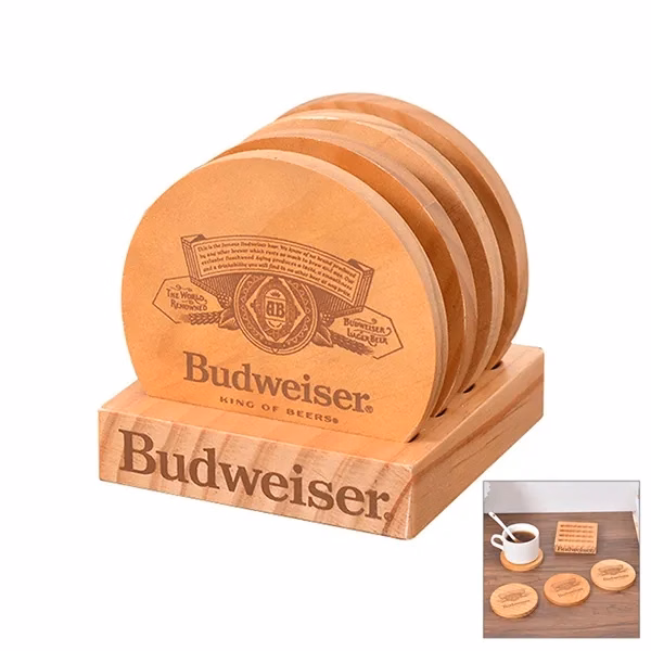 Engraved Round Wooden Coaster Set-4 pieces
