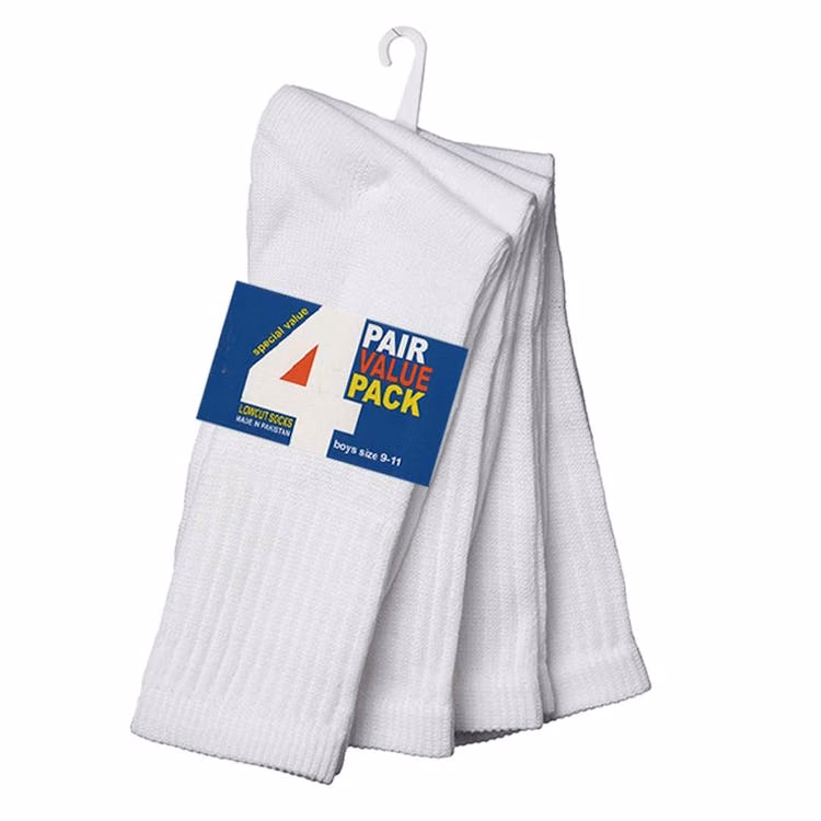 Boy's Crew Socks - 4 Pack White Size 6-8
