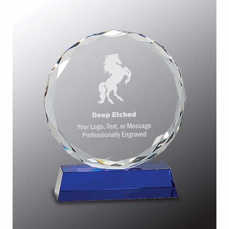 7" Round Facet Crystal Award on Blue Pedestal Base