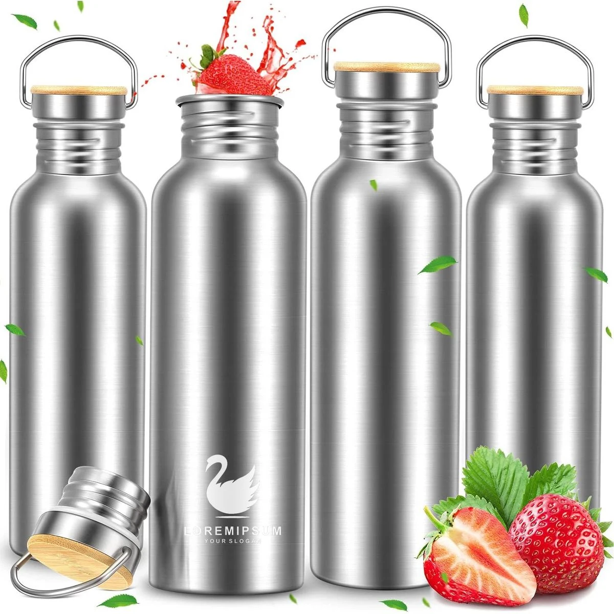 Stainless Steel Water Bottles with Handle and Bamboo Lid Large Leakproof Metal Camp 1