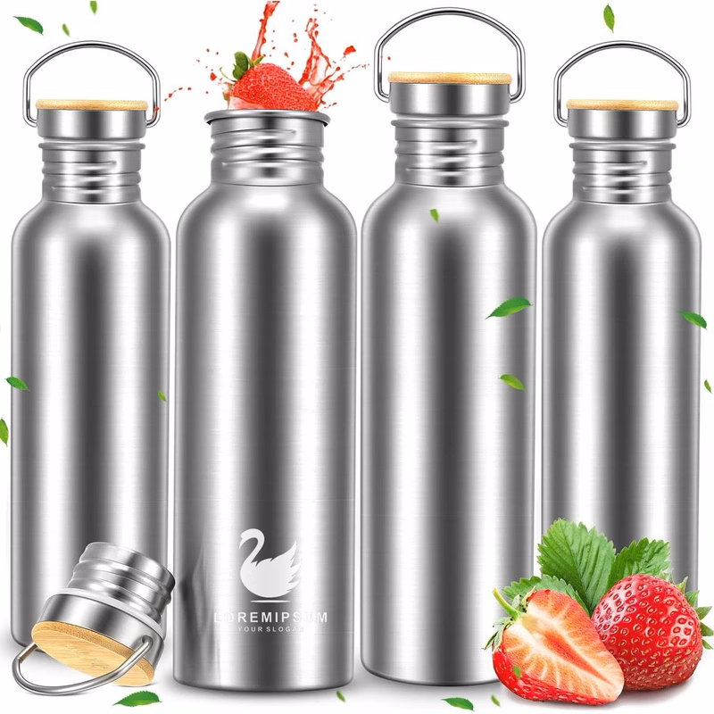 Stainless Steel Water Bottles with Handle and Bamboo Lid Large Leakproof Metal Camp