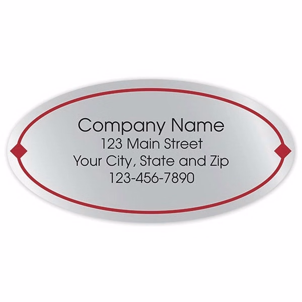 Oval Label on Silver Poly with Red Border