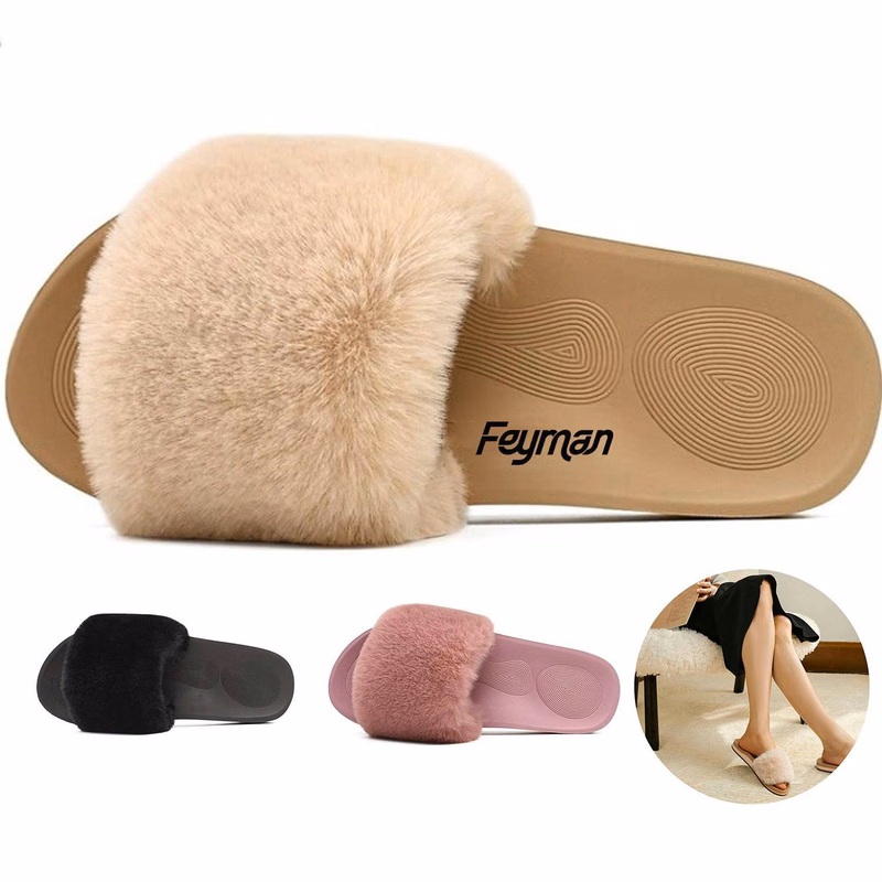 Womens Open Toe Fluffy Slide Slippers