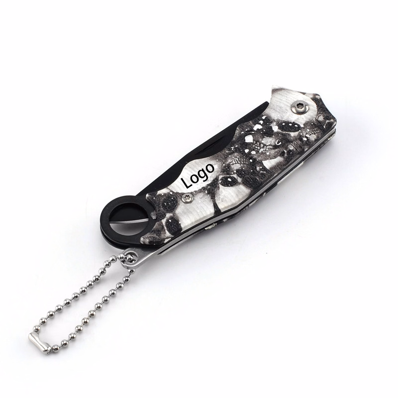 Skull Pattern Stainless Steel Folding Pocket Knife with Key Chain
