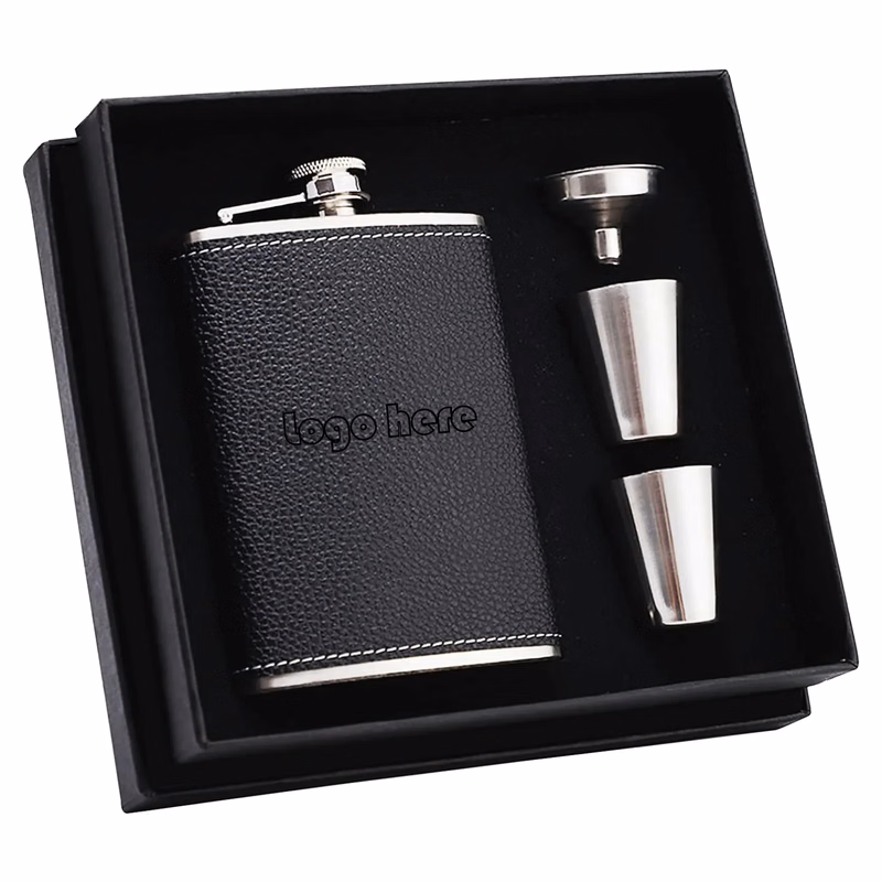 Leather Wrap Hip Flask Gift Set