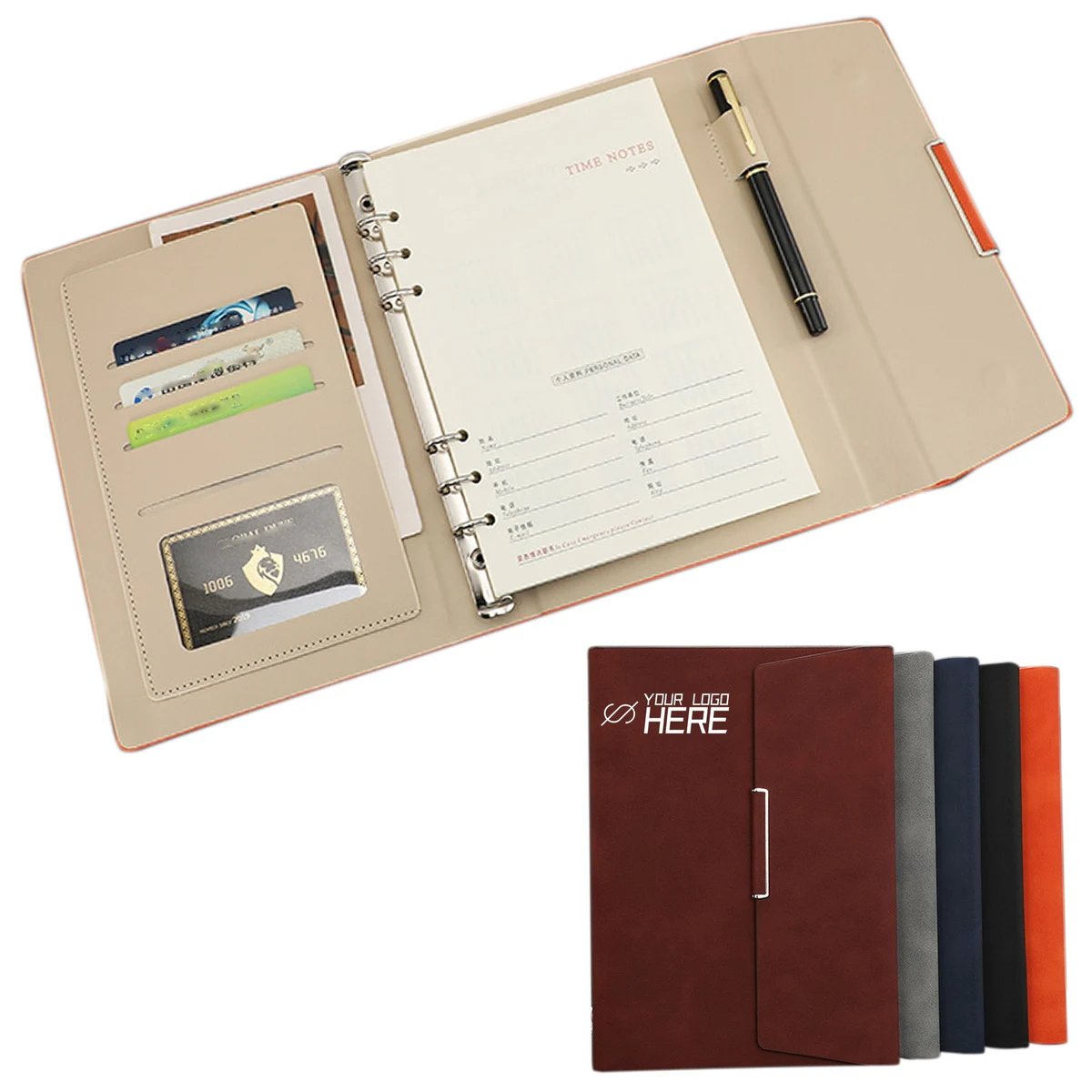 A5 Size 3 Fold 6 Rings Pu Leather Binder Notebook With Card Holder 1