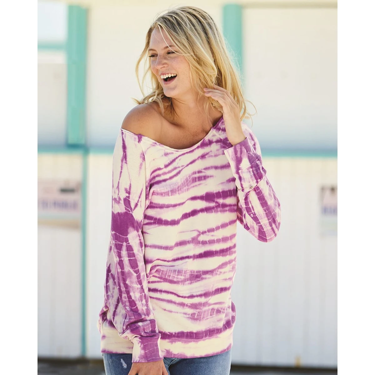 Women's French Terry Off-the-Shoulder Tie-Dyed Sweatshirt - W20173 1