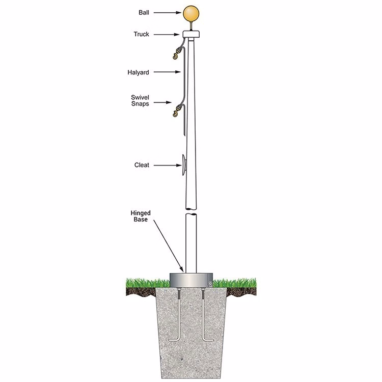 35' White Fiberglass Flagpole External Halyard - Hinged Base