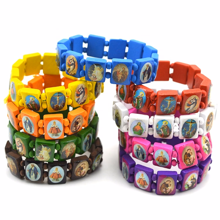Square Wood Beads Rosary Bracelet With Holy Saints Picture