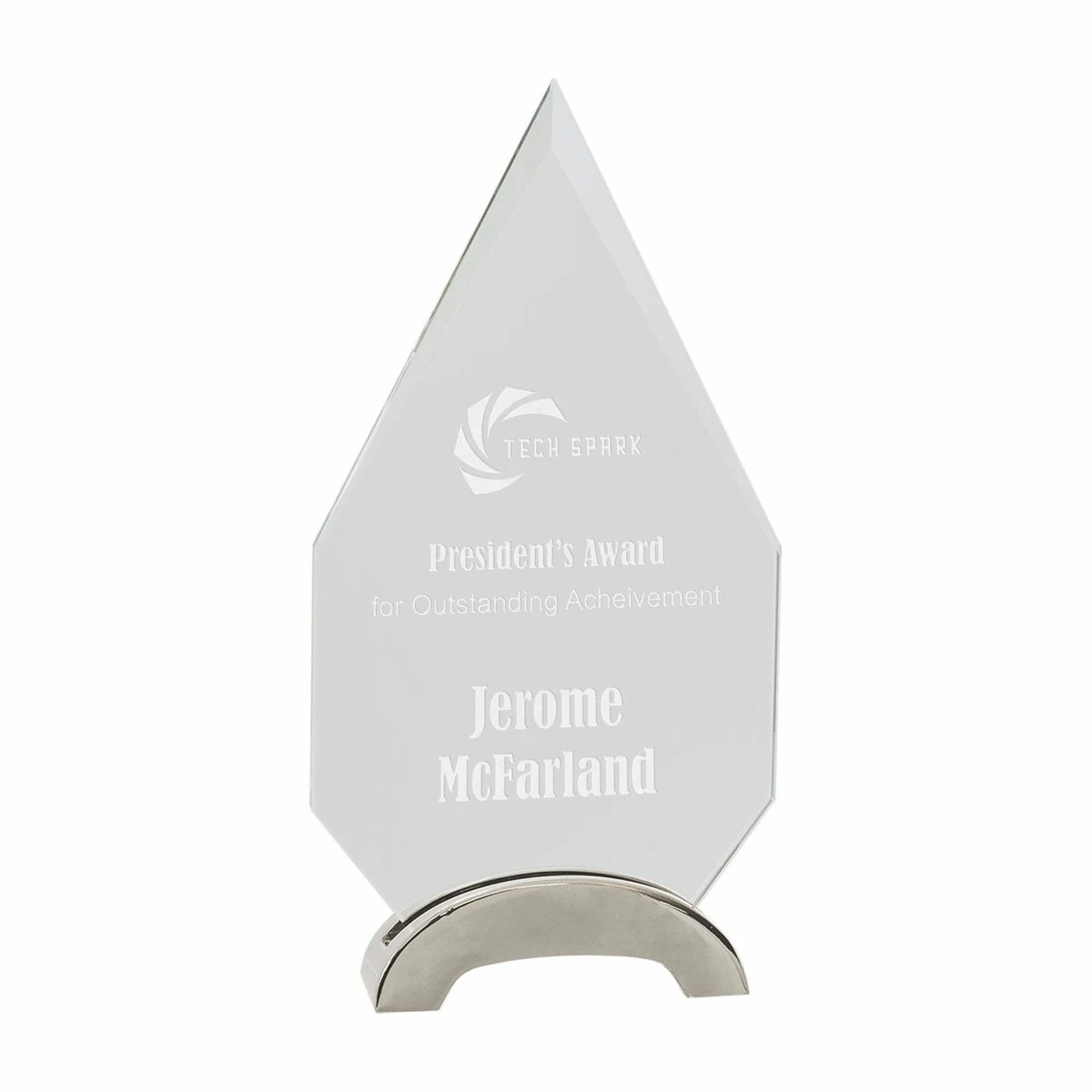 9 1/4" Clear Diamond Platinum Glass Award w/ Arch Metal Base 1