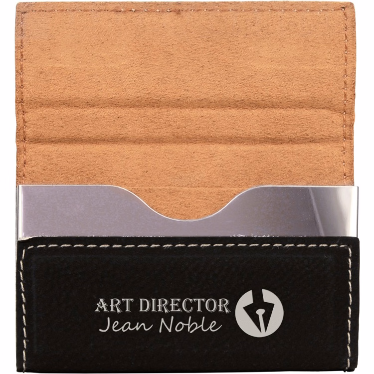 3 3/4" x 2 3/4" Black/Silver Leatherette Hard Business Card Holder