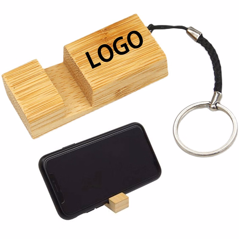 MOQ 50pcs Bamboo Phone Stand With Keychain