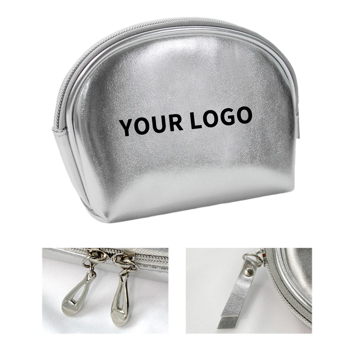 Half Moon Silver Polyurethane Zipper Cosmetic Bag 1