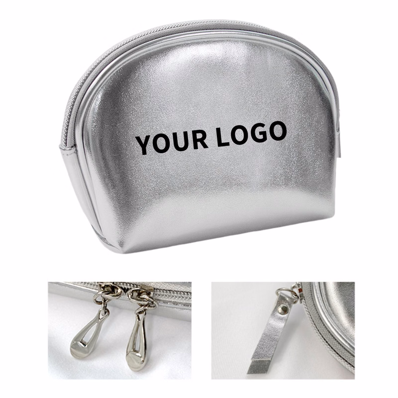 Half Moon Silver Polyurethane Zipper Cosmetic Bag