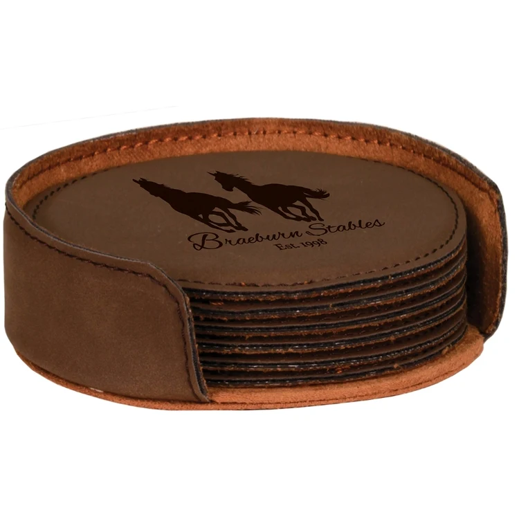 Dark Brown Leatherette Set of Six Round Coasters 1