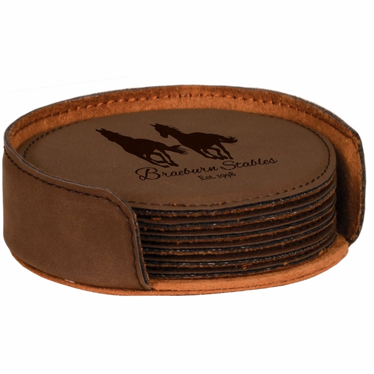 Dark Brown Leatherette Set of Six Round Coasters