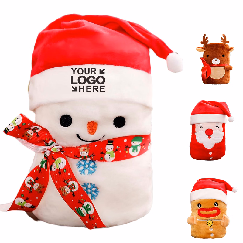 MOQ50Pcs Christmas Doll Rollup Blanket With Santa Hat