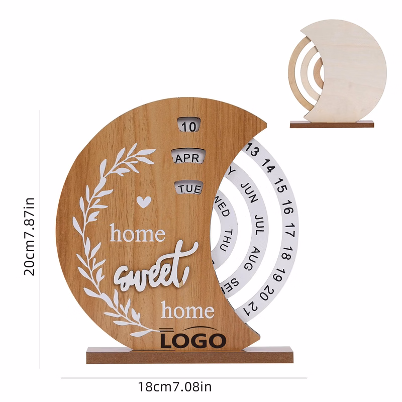 Wood Moon Perpetual Calendar Rotating Date Desk Decor