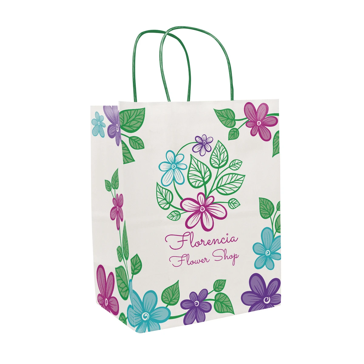Multi-Sided Full Color White Shopper Paper Bag - Green Handle (8.25 x 10.25 x 5) 1