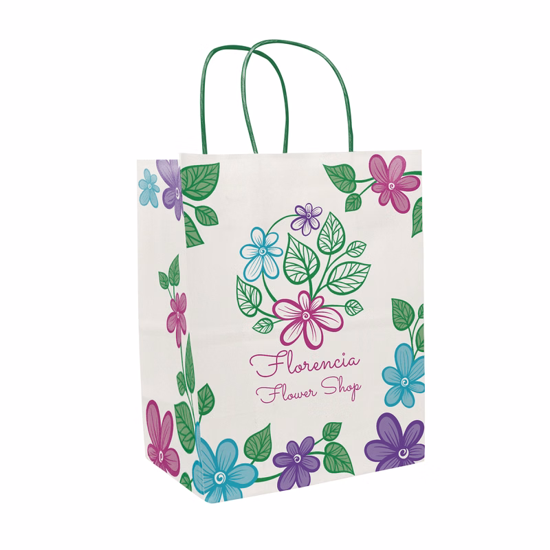 Multi-Sided Full Color White Shopper Paper Bag - Green Handle (8.25 x 10.25 x 5)