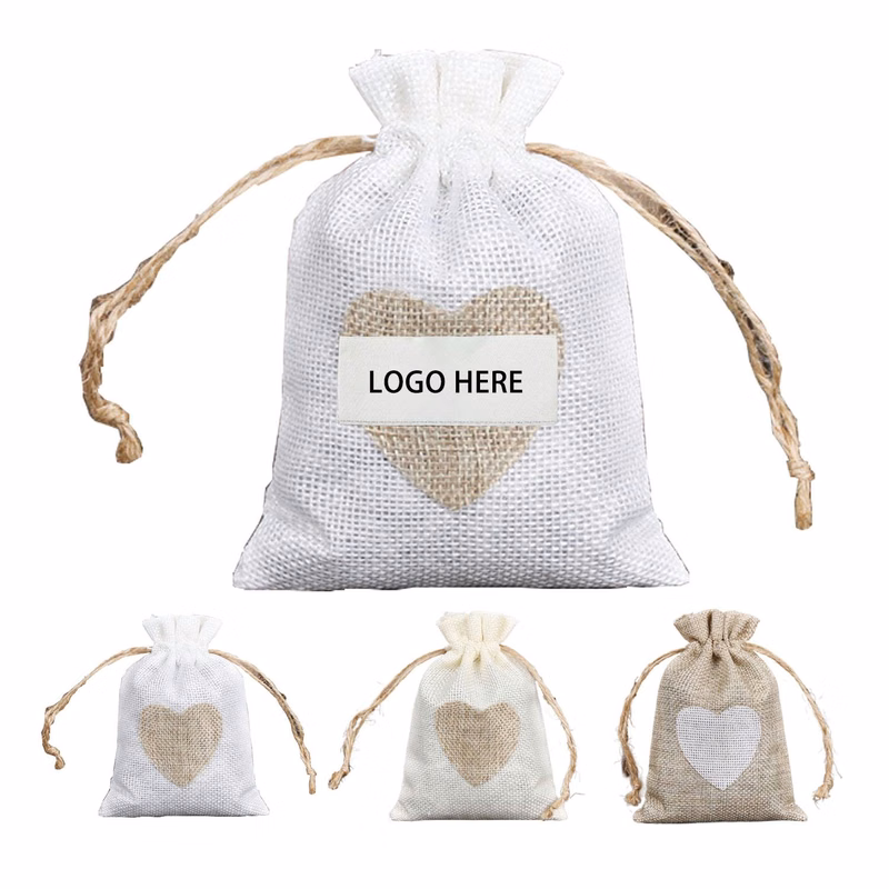 Small Linen Burlap Heart Drawstring Pouch Candy Gift Bag