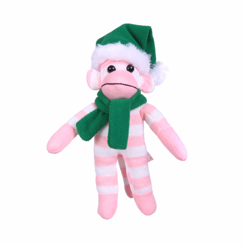 Pink Sock Monkey (Plush) with Christmas Hat and Scarf