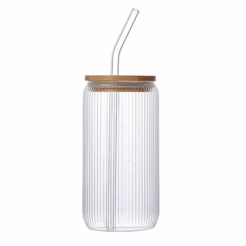 17oz Ribbed Glass Straw Cup w/ Bamboo Lid