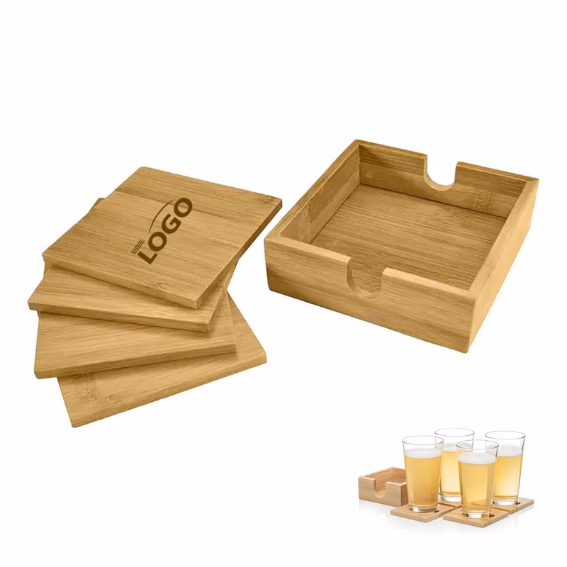 Bamboo Coaster Set with Holder Set of 4