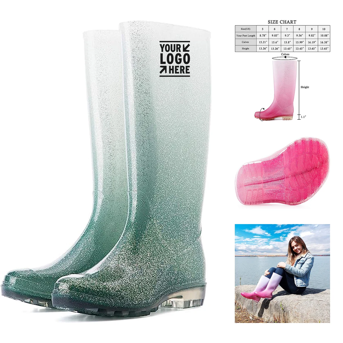 Womens Knee High Waterproof Glitter Rain Boots 1