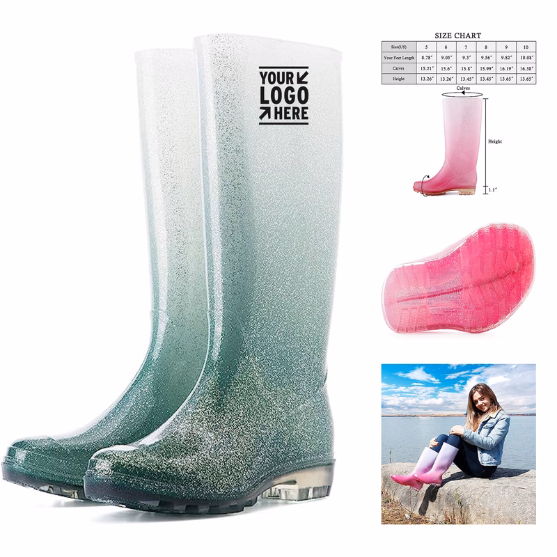 Womens Knee High Waterproof Glitter Rain Boots 