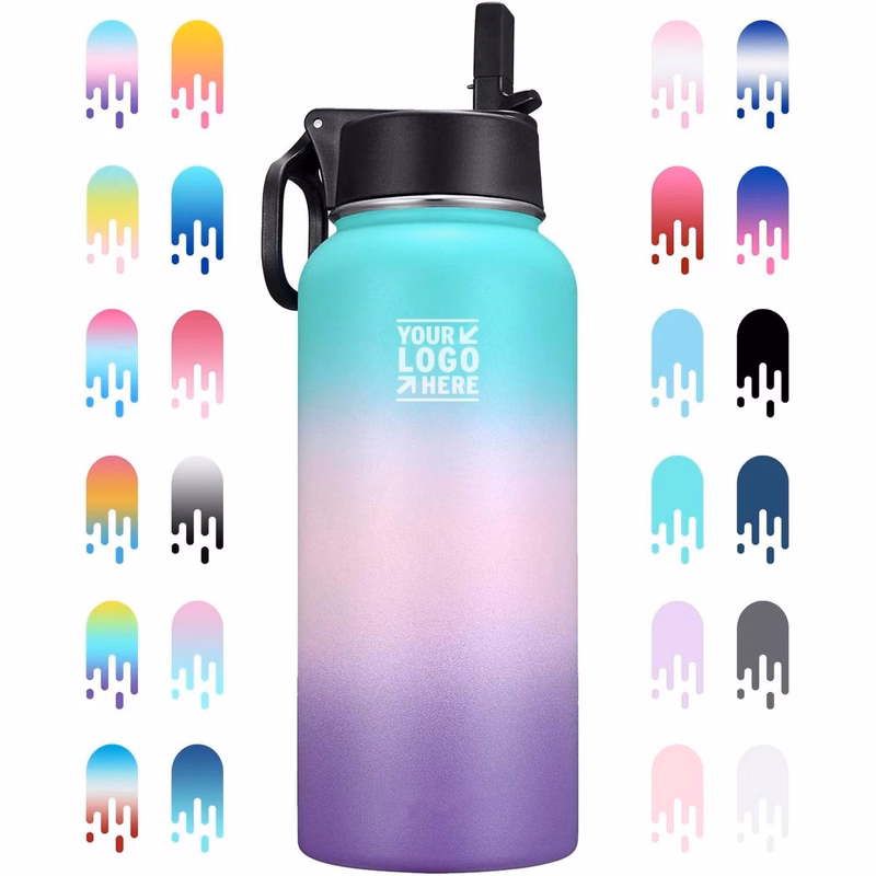 Insulated Water Bottle with New Wide Handle Straw Lid, Wide Mouth Vacuum Insulated 18/8 Stainle