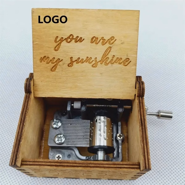 Custom Wooden Hand-Cranked Music Box with Vintage Carving — Gift Promo Item