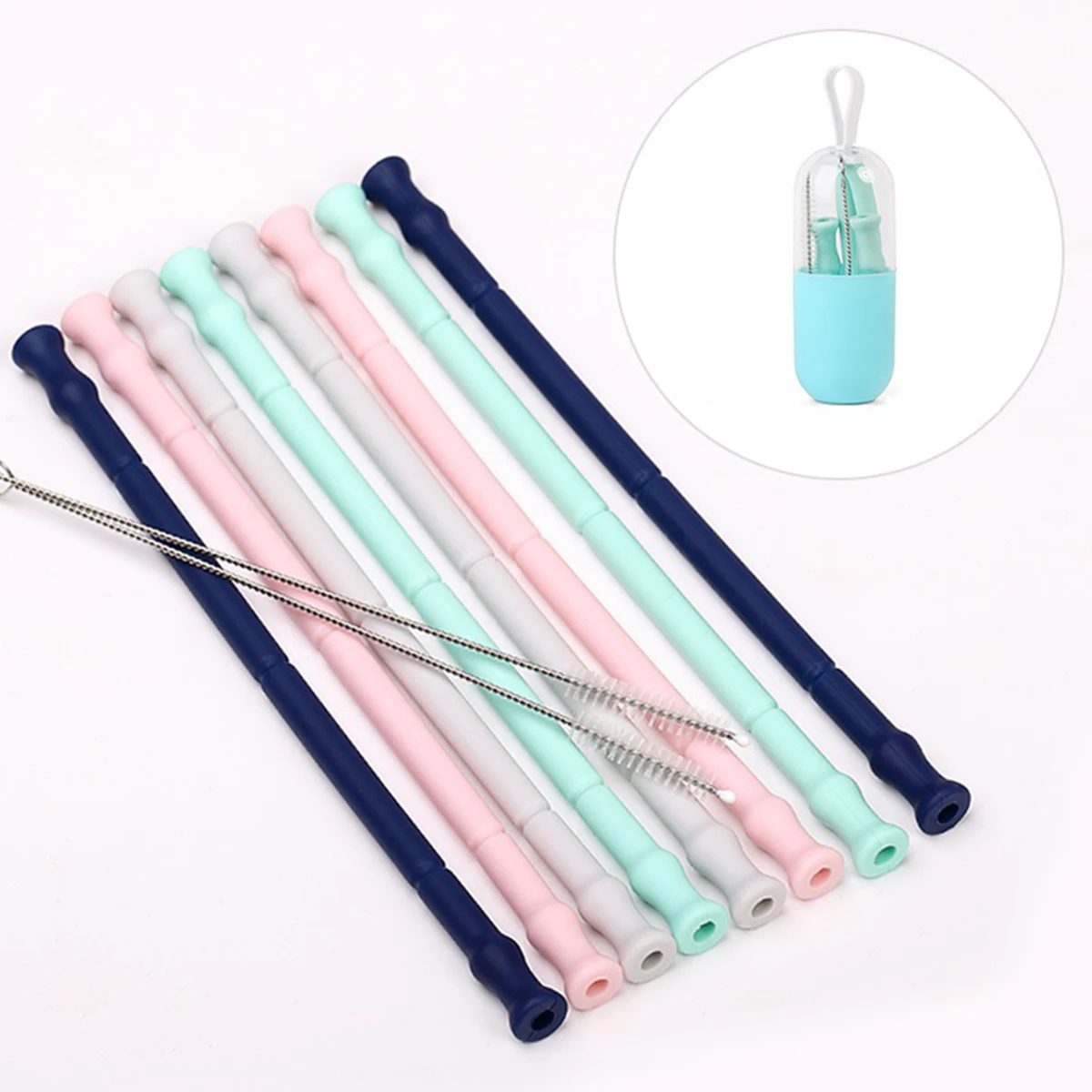 Collapsible Reusable Colors Silicone Straws with Case 1
