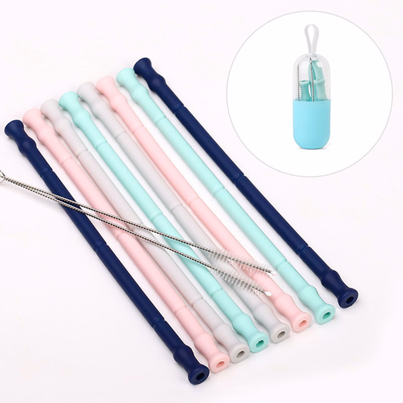 Collapsible Reusable Colors Silicone Straws with Case