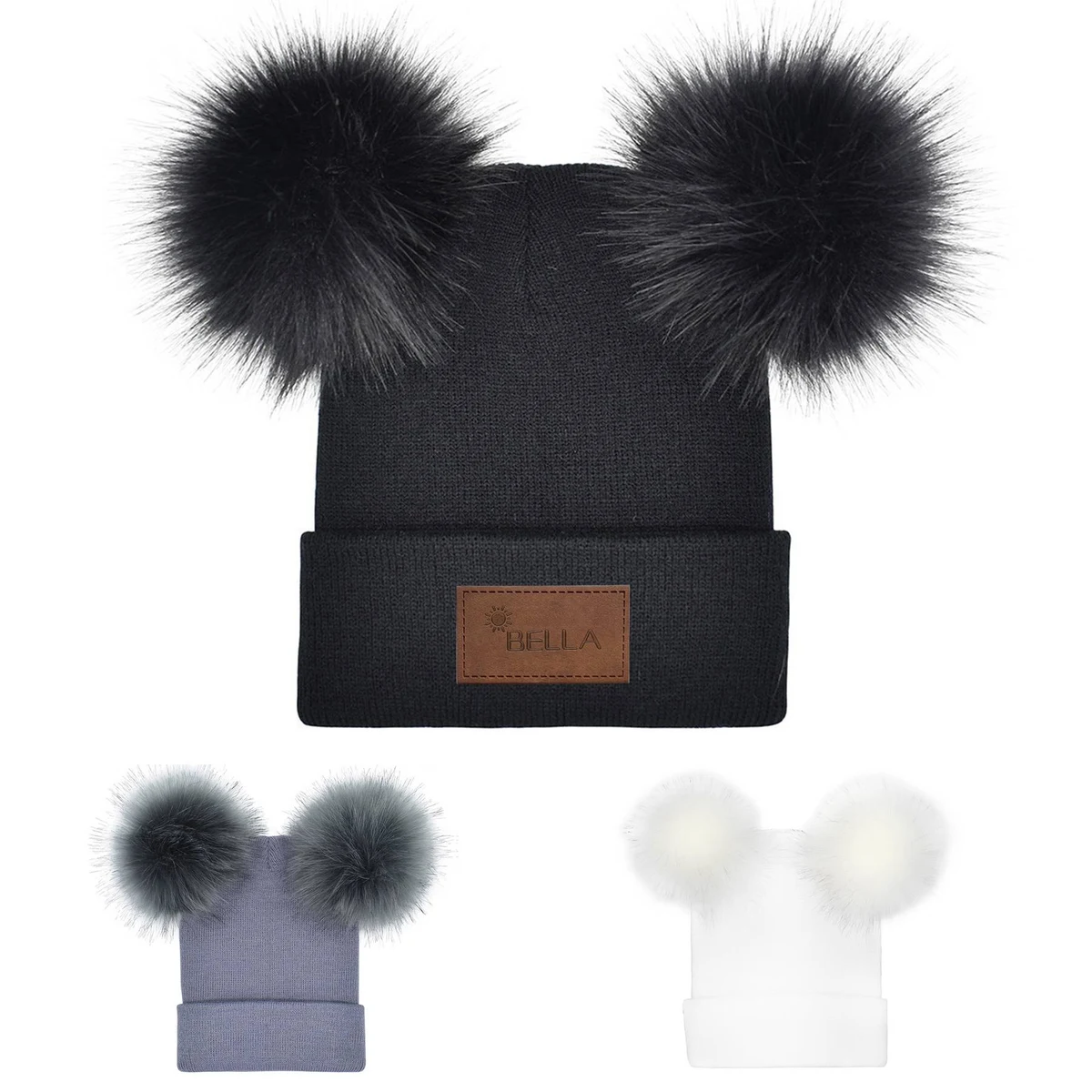 Acrylic Winter double furball knitted beanie 1