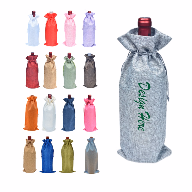 Faux Linen Drawstring Wine Bag