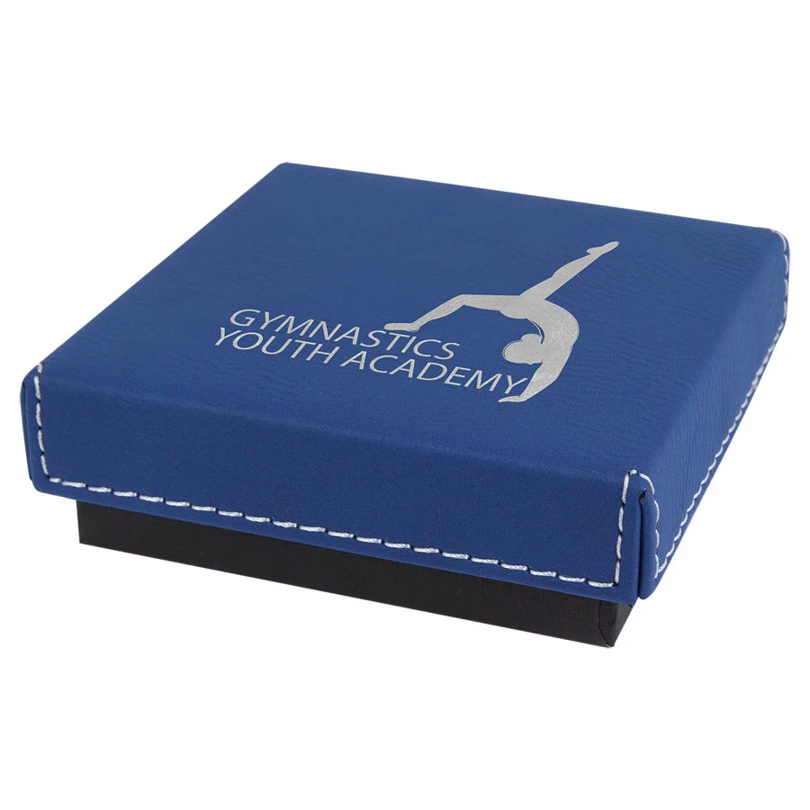 3 1/2" x 3 1/2" Blue/Silver Medal Box with Leatherette Lid 1