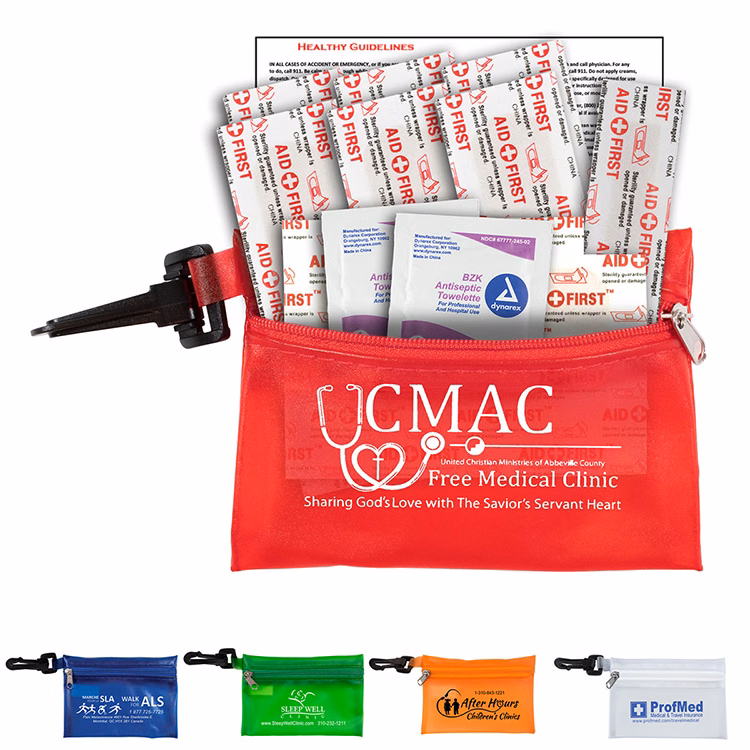 "TROUTDALE" 13 Piece First Aid Kit inTranslucent Zipper Kit with Plastic Carabiner Attachment