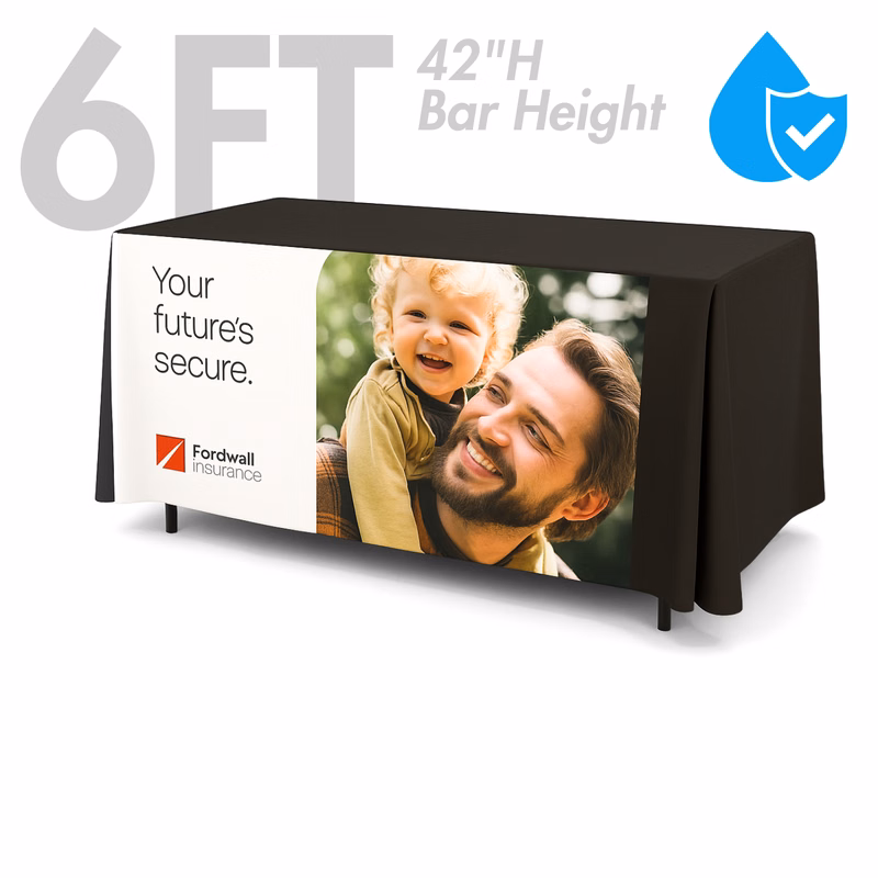 6' Liquid Repellent Fitted Table Cover, Front Panel Print (Bar Height, 42")