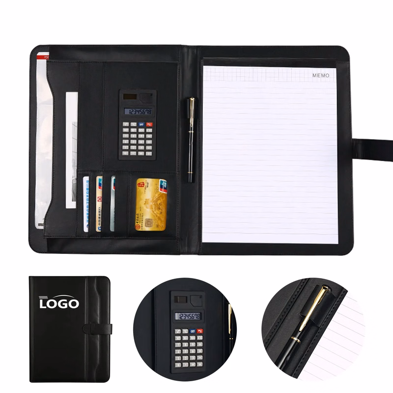 PU Leather Business Portfolio with Calculator and Notebook