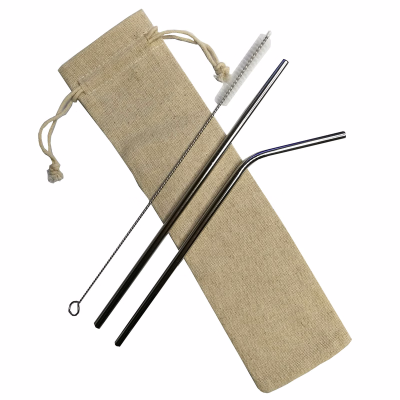 2 Stainless Steel Straw With 1 Cleaning Brush with a linen pouch