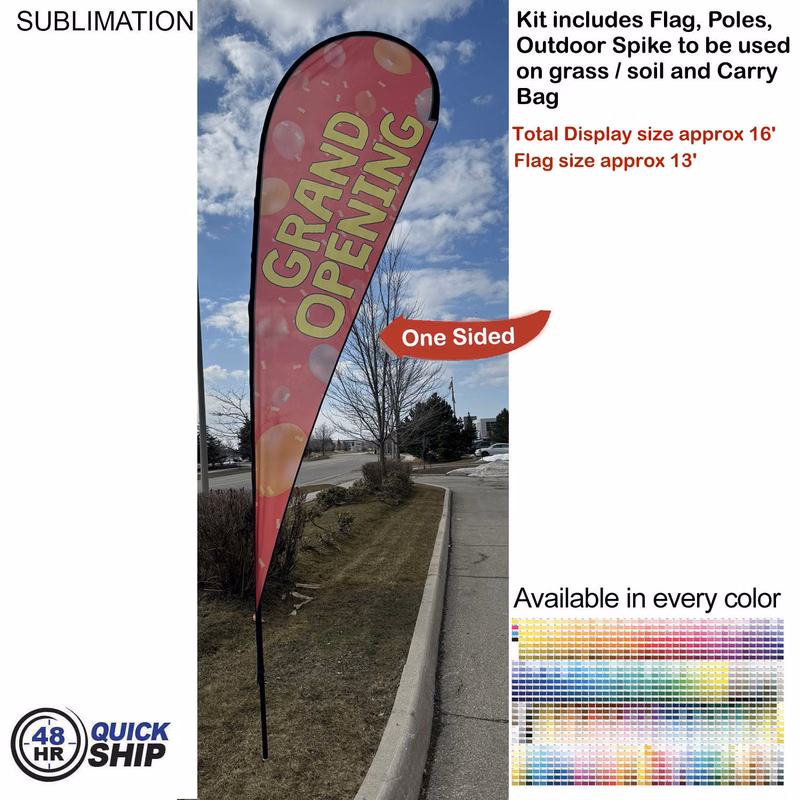 48 Hr Quick Ship -16' X-Large Tear Drop Flag Kit, Full Color Graphics One Side, Spike and Bag
