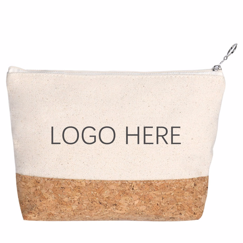 Natural Cork Accent Canvas Makeup Bag Travel Toiletry Pouch