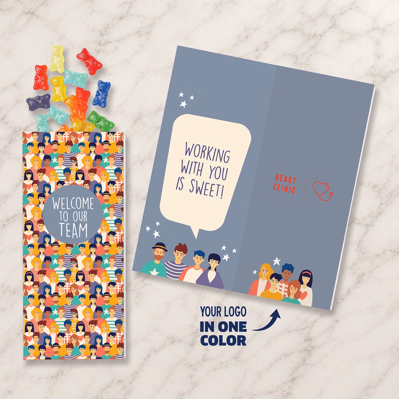 One Color Foil-Stamped Stock Welcome Sweeter Cards with Albanese Gummi Bears