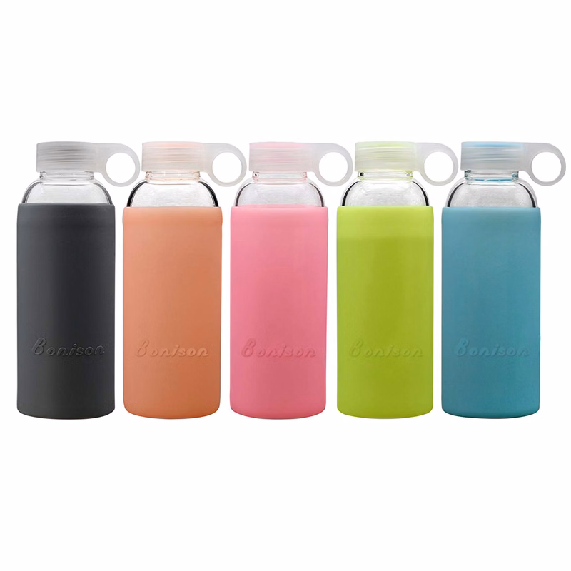 Durable Glass Water Bottle with Silicone Sleeve Handle Lid 10 Oz