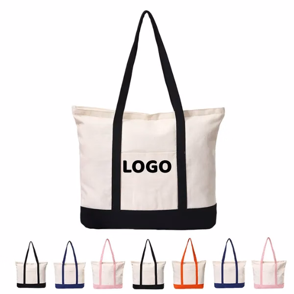 Zippered Two-Tone Canvas Tote with Front Pocket