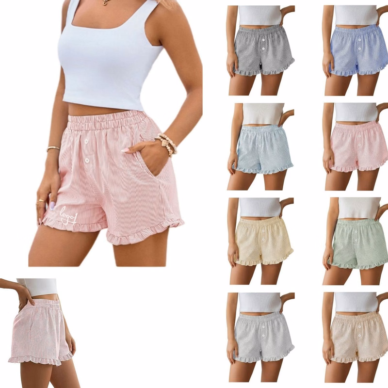 Women Ruffle Striped Linen Shorts