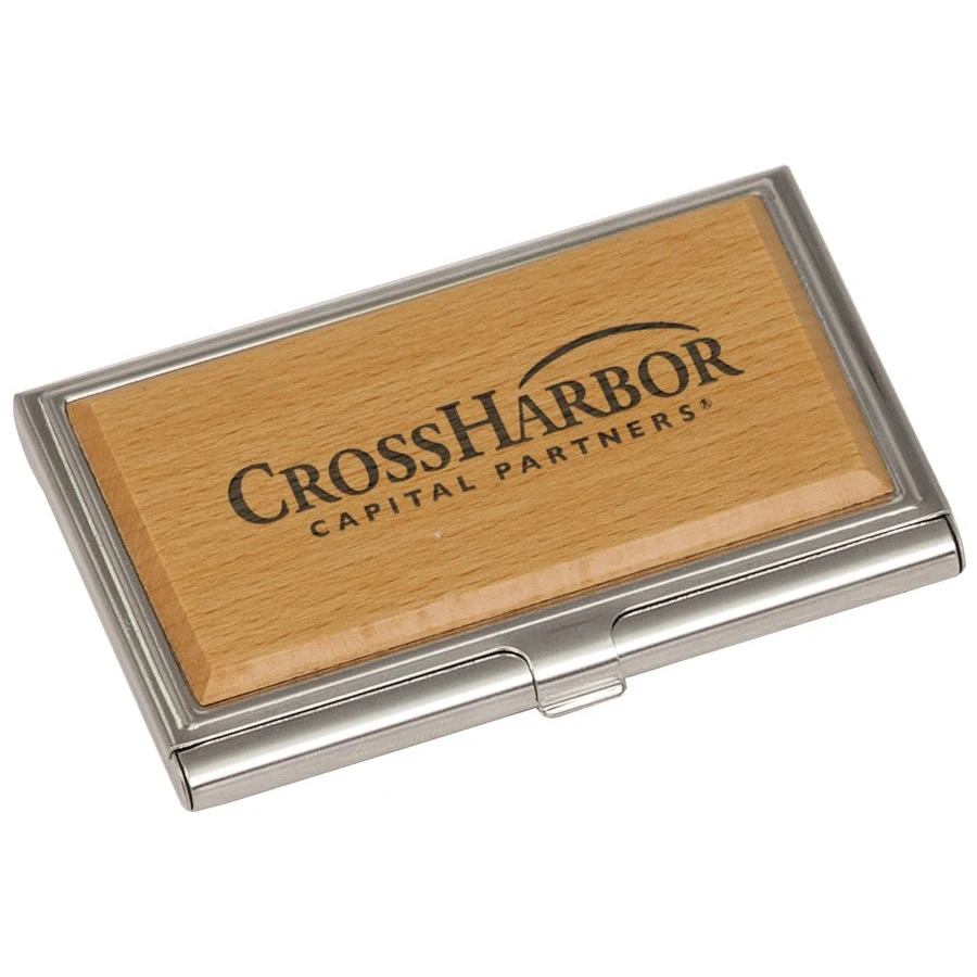 3 3/4" x 2 1/2" Wood/Silver Business Card Holder 1