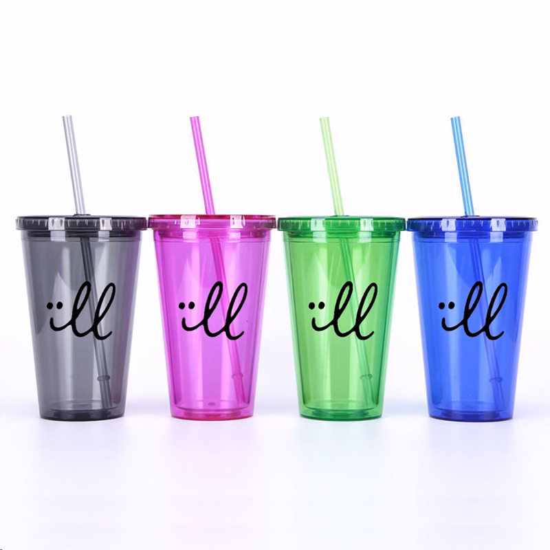 Double Plastic Cups with Lids and Straws