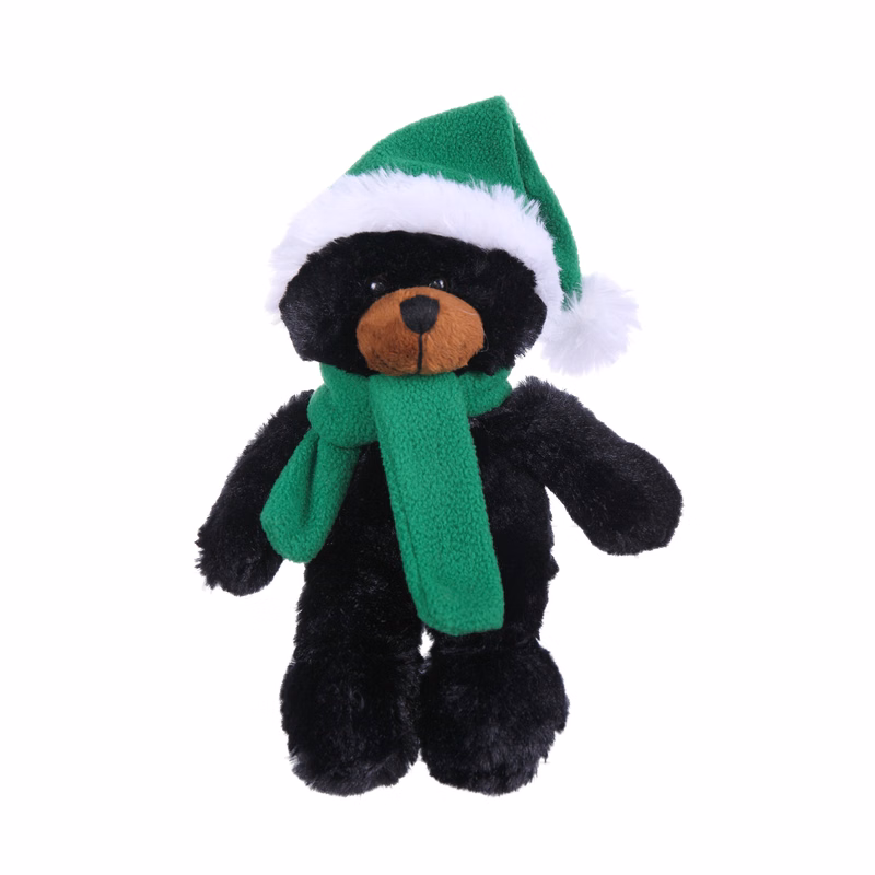 Soft Plush Stuffed Black Bear with Christmas Hat and Scarf